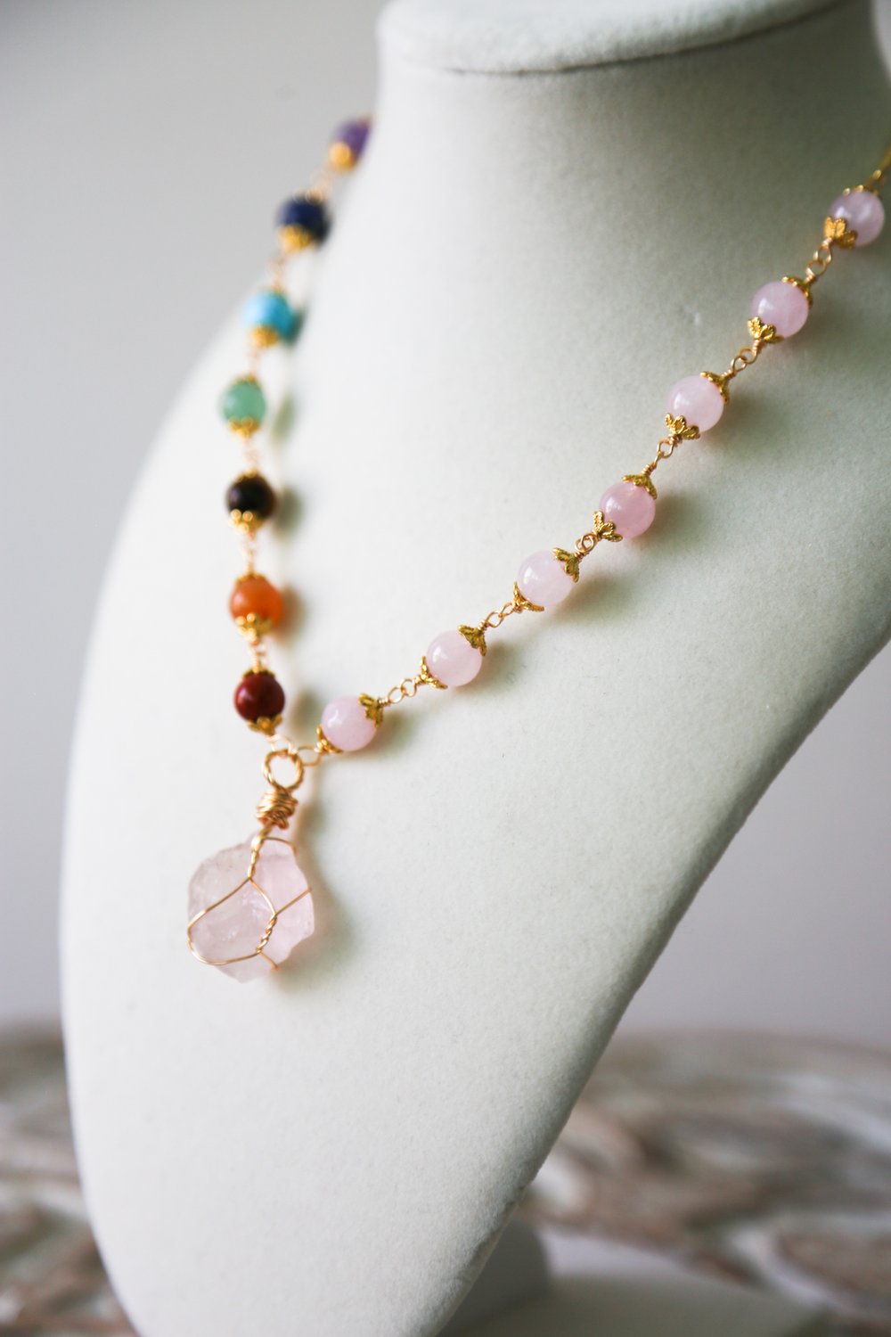 Image of Rose Quartz + Chakra adjustable necklace