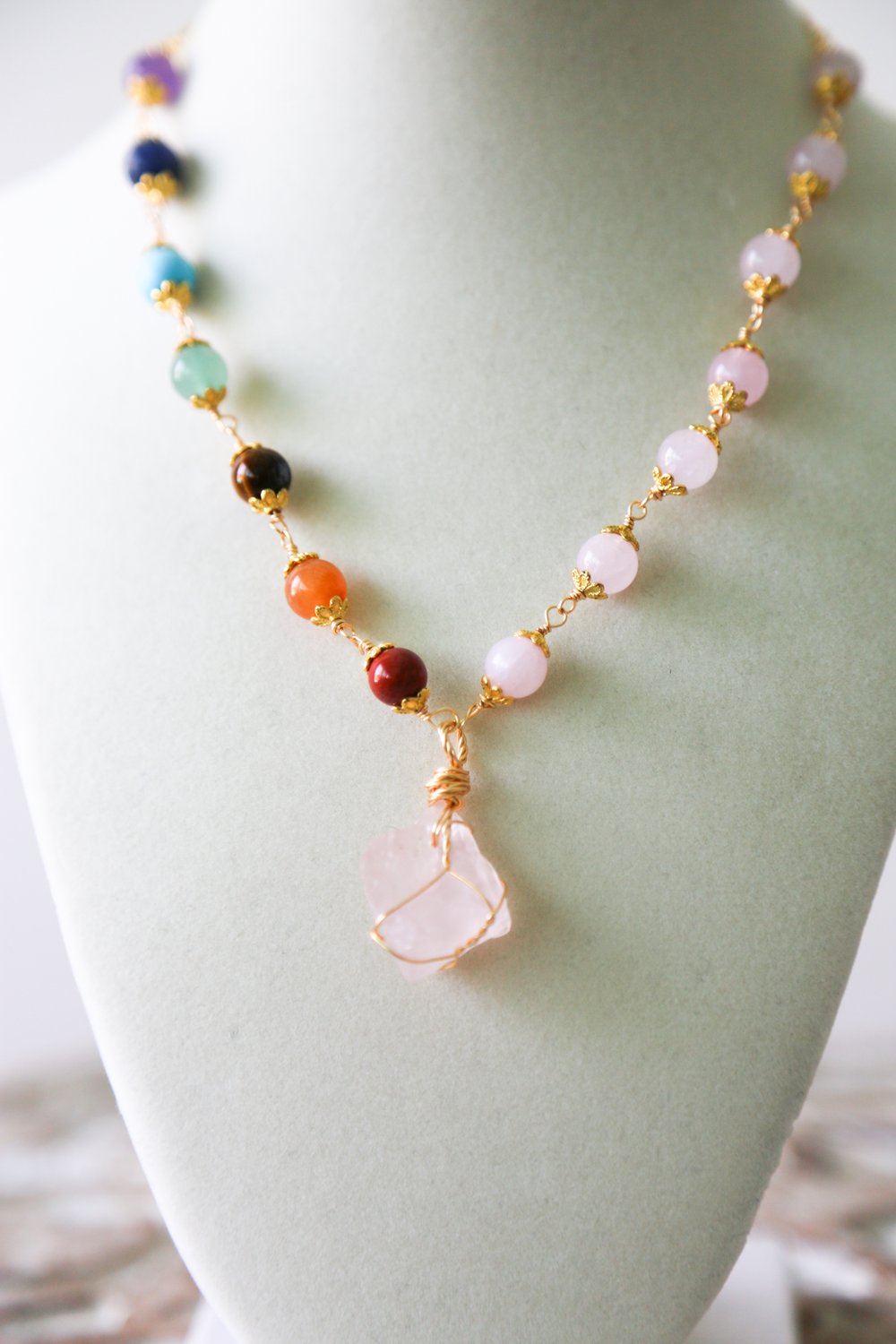 Image of Rose Quartz + Chakra adjustable necklace