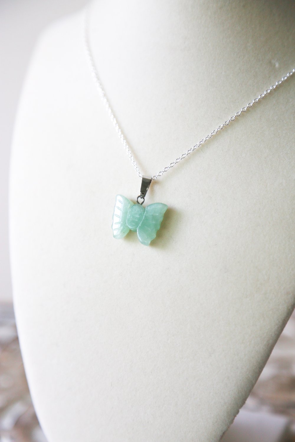 Image of Aventurine mini carved butterfly pendant necklace 
