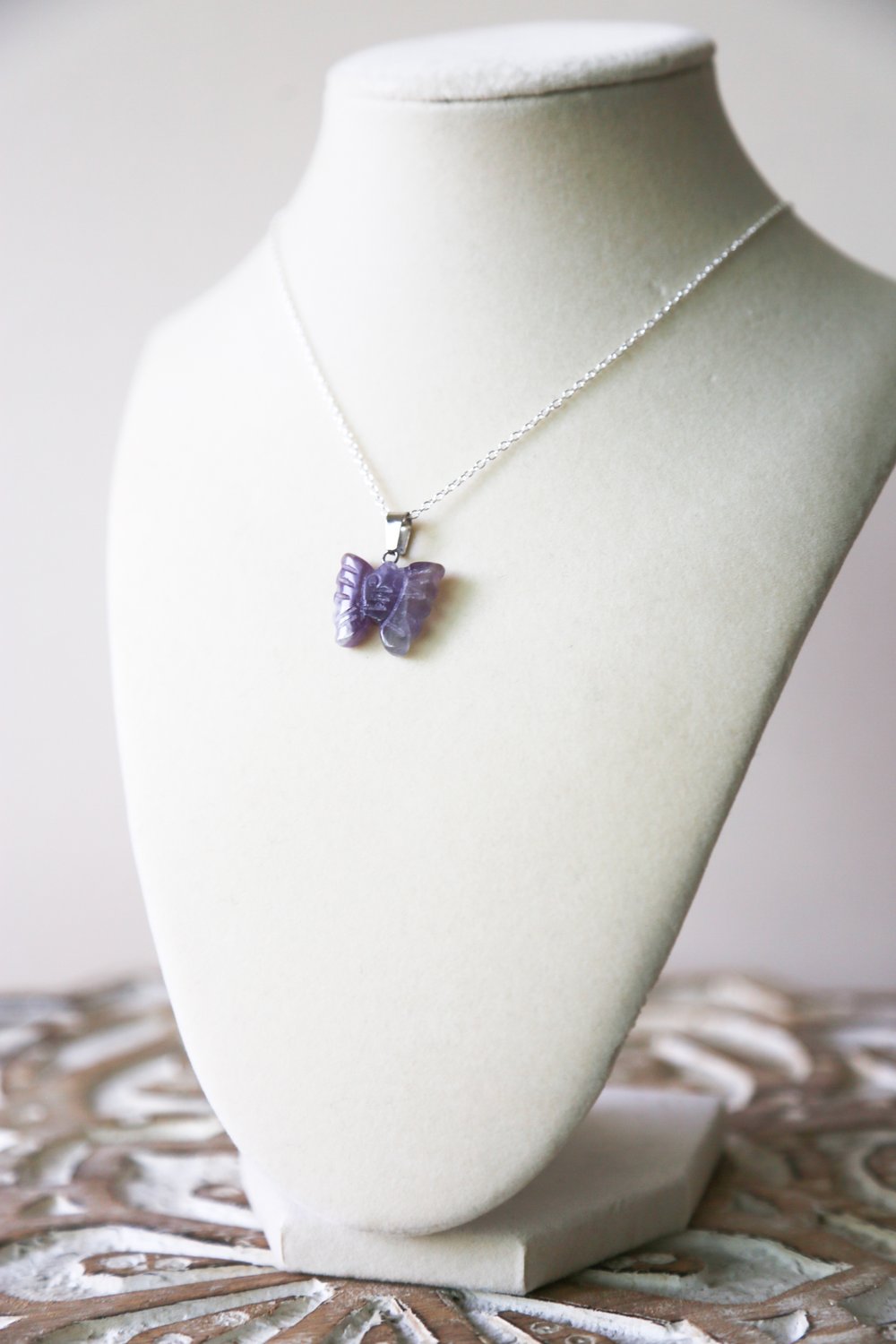 Image of Amethyst mini carved butterfly pendant necklace