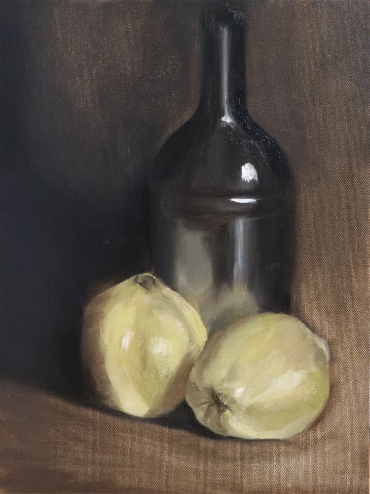 Image of Coings et bouteille d'huile d'olive