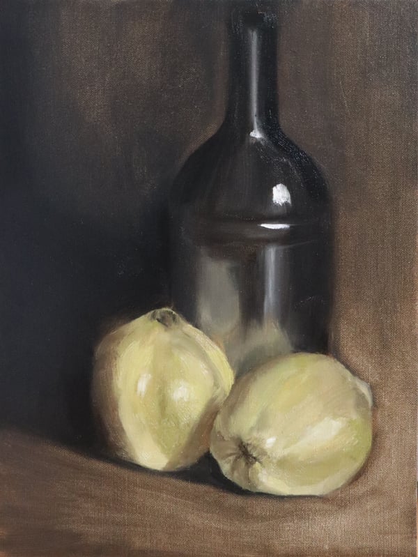 Image of Coings et bouteille d'huile d'olive
