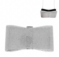 Silver Rhinestone Embellished Bow-Shaped Evening Clutch w/Strap 