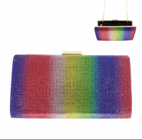 Multicolor Rhinestone Encrusted Evening Box Clutch Purse w/Strap 