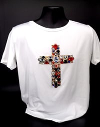 Image 1 of Giantgem - Multicolour massive Rhinestone Cross white T shirt