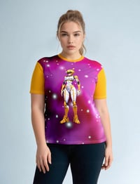 Image 2 of Yellow & White Futuristic Robot with Space-Themed Design Womens Short Sleeve T-shirt