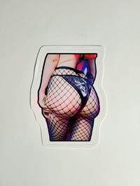 Image 1 of Gorgeous Booty In Crossbones Thong & Fishnet Stockings Glossy Finish Vinyl Sticker
