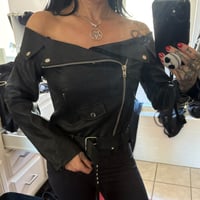one of a kind off the shoulder moto leather jacket
