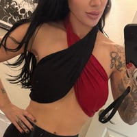 one of a kind red and black wrap around halter top