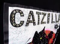 Image 7 of Child size Catzilla T shirt 2, custom rhinestone cat (size XS)