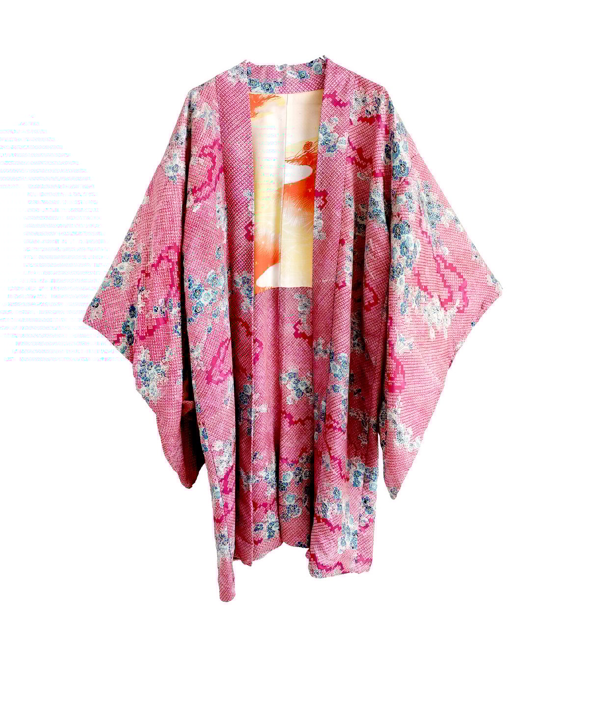Image of Kort kimono dame af bourgonerød silke m. blommeblomster