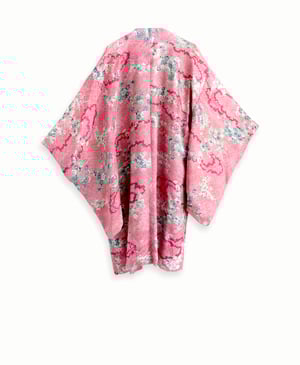 Image of Kort kimono dame af bourgonerød silke m. blommeblomster