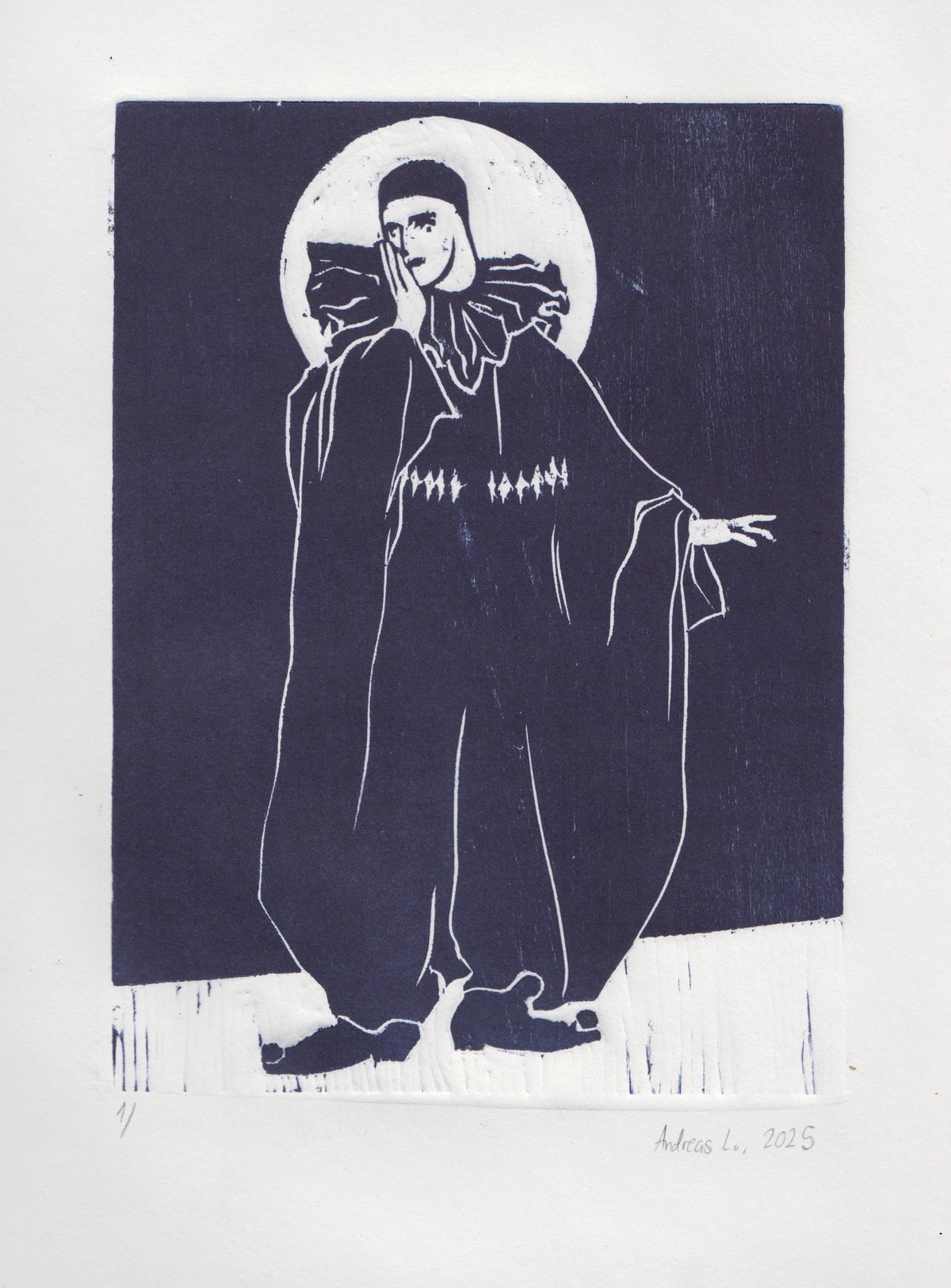 Image of Pierrot cries at the state of the world (and he is trans) - woodcut