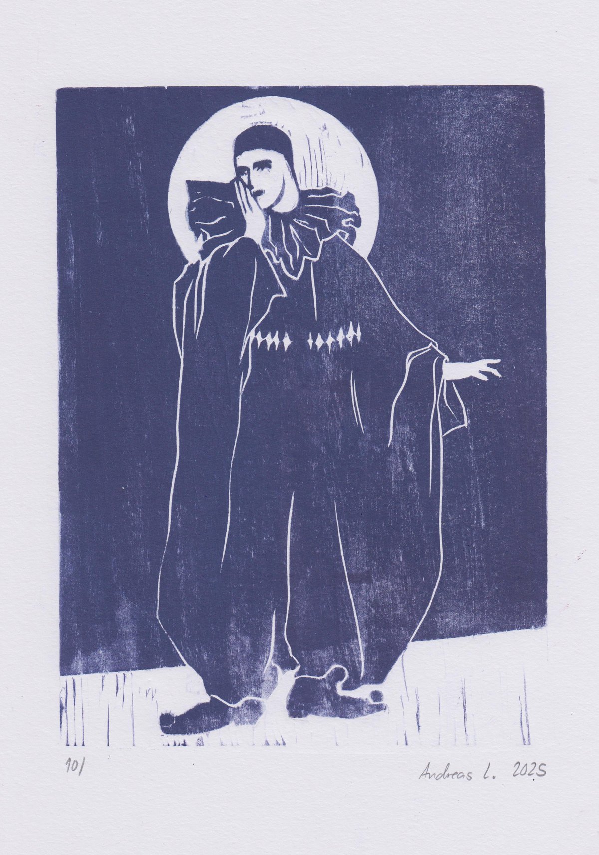 Image of Pierrot cries at the state of the world (and he is trans) - woodcut