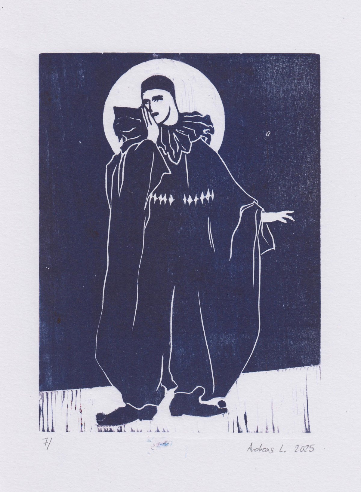 Image of Pierrot cries at the state of the world (and he is trans) - woodcut
