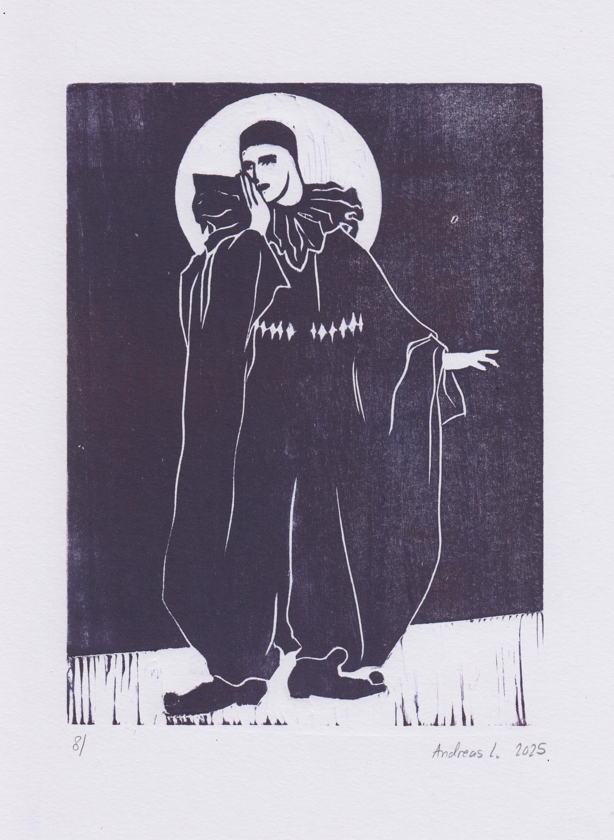 Image of Pierrot cries at the state of the world (and he is trans) - woodcut