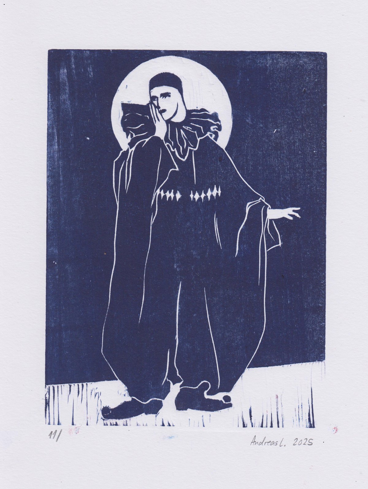 Image of Pierrot cries at the state of the world (and he is trans) - woodcut