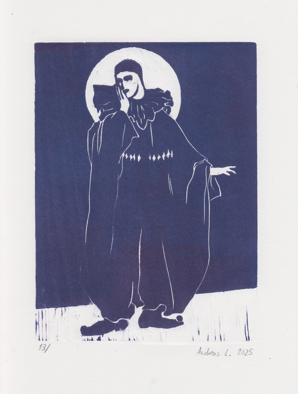 Image of Pierrot cries at the state of the world (and he is trans) - woodcut