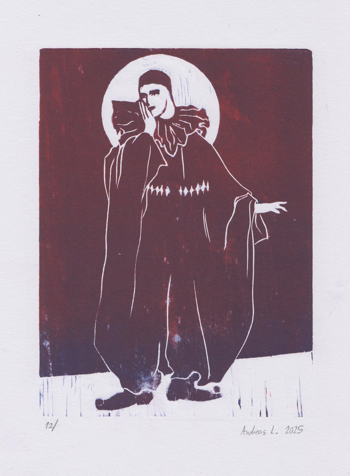 Image of Pierrot cries at the state of the world (and he is trans) - woodcut