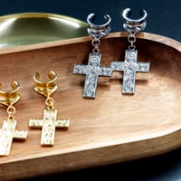 Image 2 of Saddle Plugs - Dangle Plugs - Golden Crucifix - Sunflowers - Plugs for Stretched Ears