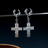 Image 1 of Saddle Plugs - Dangle Plugs - Golden Crucifix - Sunflowers - Plugs for Stretched Ears