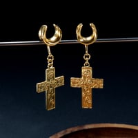 Image 3 of Saddle Plugs - Dangle Plugs - Golden Crucifix - Sunflowers - Plugs for Stretched Ears