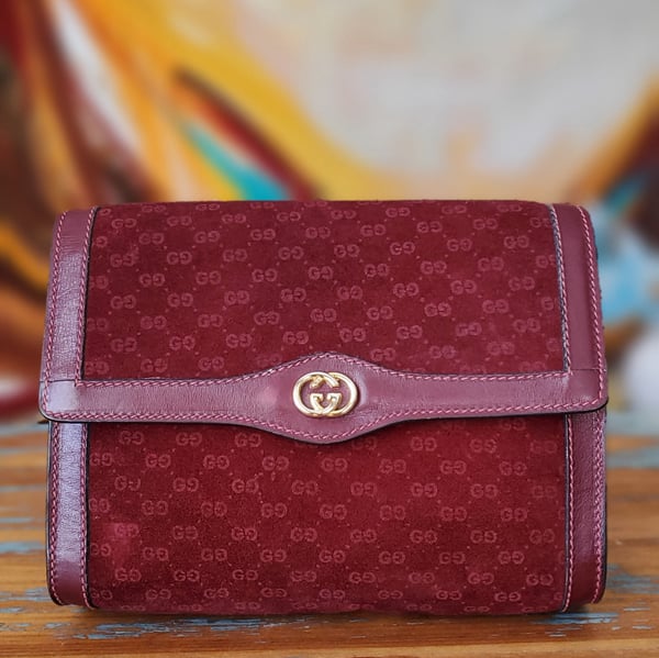 Image of Vtg Gucci Burgundy Mini Monogram Suede Clutch.