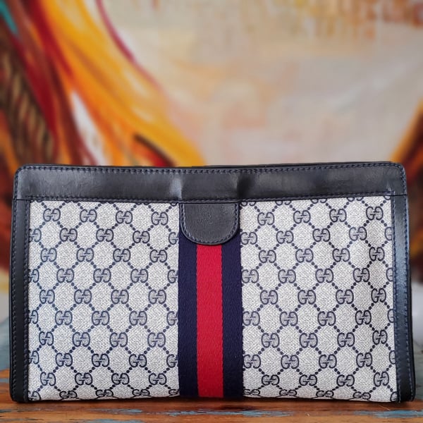 Image of Vtg Gucci XL Blue Monogram Clutch Bag