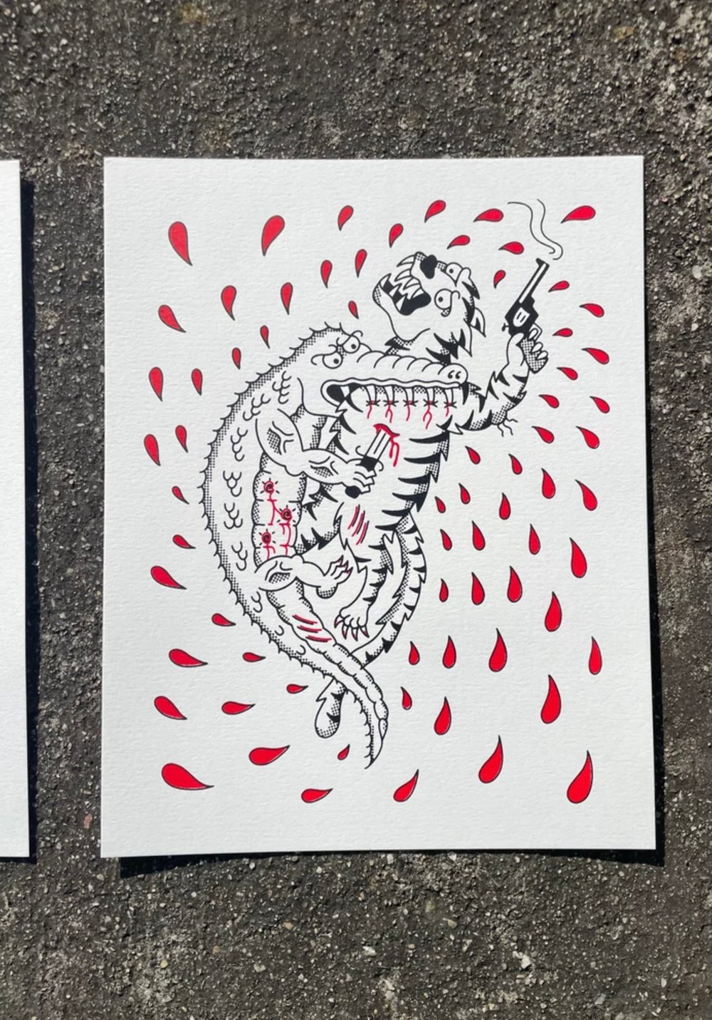 Battle Royale 1 & 2 - Tiger stabs gator, Gator stab Tiger 11”x14”
