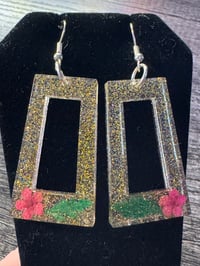 Image 1 of Gold Flower Rectangular Earrings 