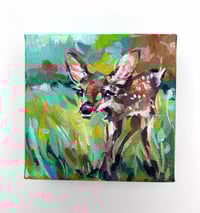Image 1 of First Prance – sweet baby fawn 4x4" canvas