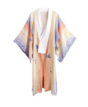 Image of Kimono dame af pastelfarvet silke med broderede sommerfugle