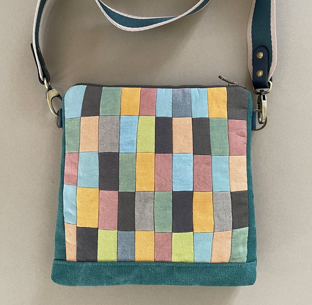 Image of Patchwork mosaic, shoulder bag with plant-dyed panels and crossbody strap