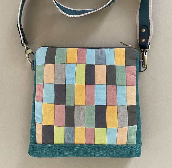 Image of Patchwork mosaic, shoulder bag with plant-dyed panels and crossbody strap