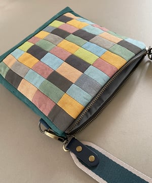 Image of Patchwork mosaic, shoulder bag with plant-dyed panels and crossbody strap