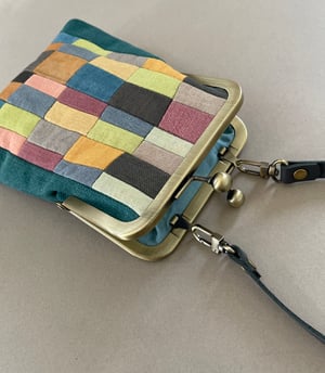 Image of Patchwork mosaic, slim kisslock shoulder bag with plant-dyed panels and crossbody strap