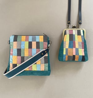 Image of Patchwork mosaic, slim kisslock shoulder bag with plant-dyed panels and crossbody strap