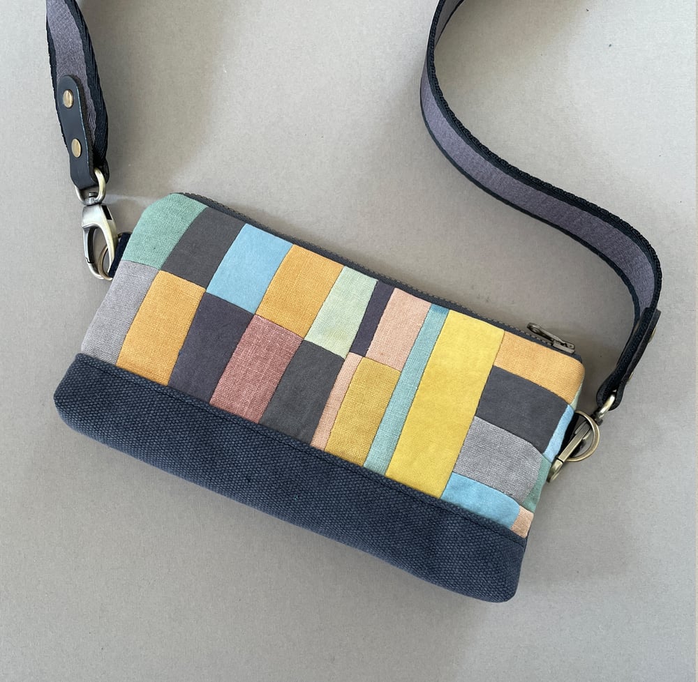 Image of Patchwork 6, slim shoulder bag with plant-dyed panels and crossbody strap