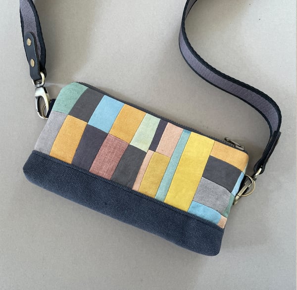 Image of Patchwork 6, slim shoulder bag with plant-dyed panels and crossbody strap
