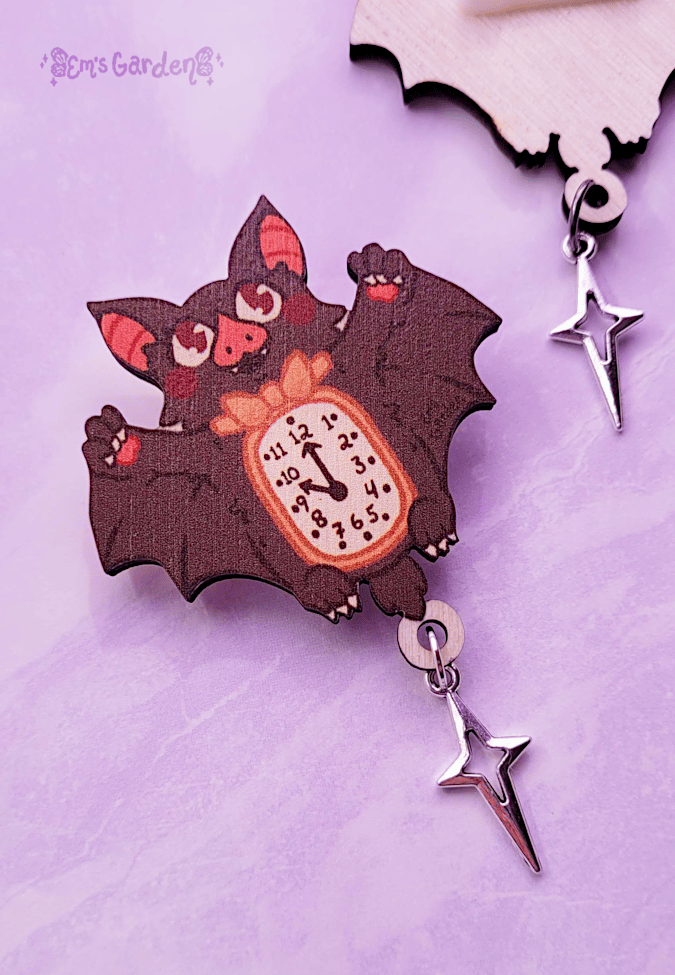 Image of Batty Clock Wooden Brooch with Silver Star