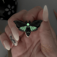 Image 5 of Glow Banemoth Enamel Pin – Gothic Moth Skull Collectible
