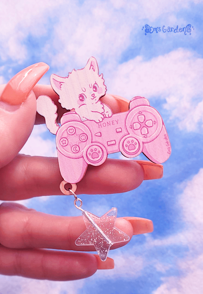 Image of Gamer Kitten Brooch | Pastel Kawaii Original Art Pin