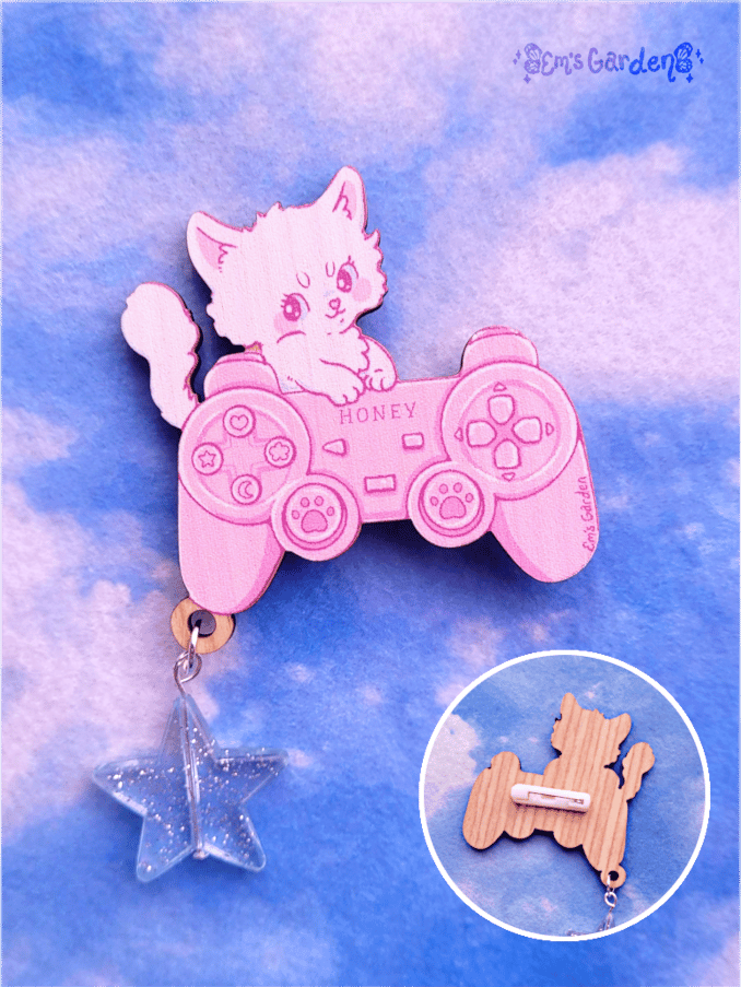 Image of Gamer Kitten Brooch | Pastel Kawaii Original Art Pin