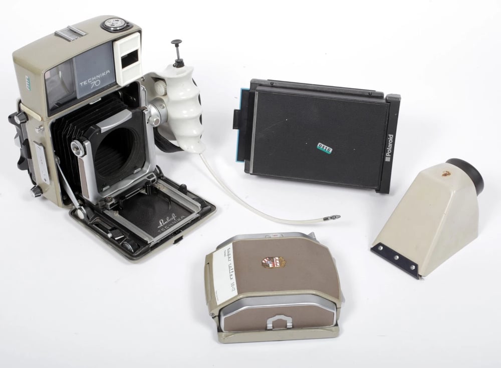 Image of Linhof Technika 70 6X9 camera w/ 2 backs + reflex finder + grip #0416