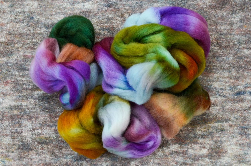 Image of "Rain on a Tent" Hand-dyed Corriedale Spinning Fiber - 4 oz.