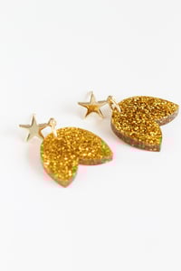 Image 2 of Gold glitter acrylic petal dangly earrings