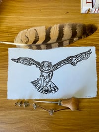 Image 1 of “Huntress” Great Horned Owl in flight Lino Cut Print 
