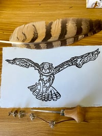 Image 2 of “Huntress” Great Horned Owl in flight Lino Cut Print 