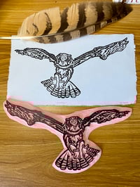 Image 3 of “Huntress” Great Horned Owl in flight Lino Cut Print 