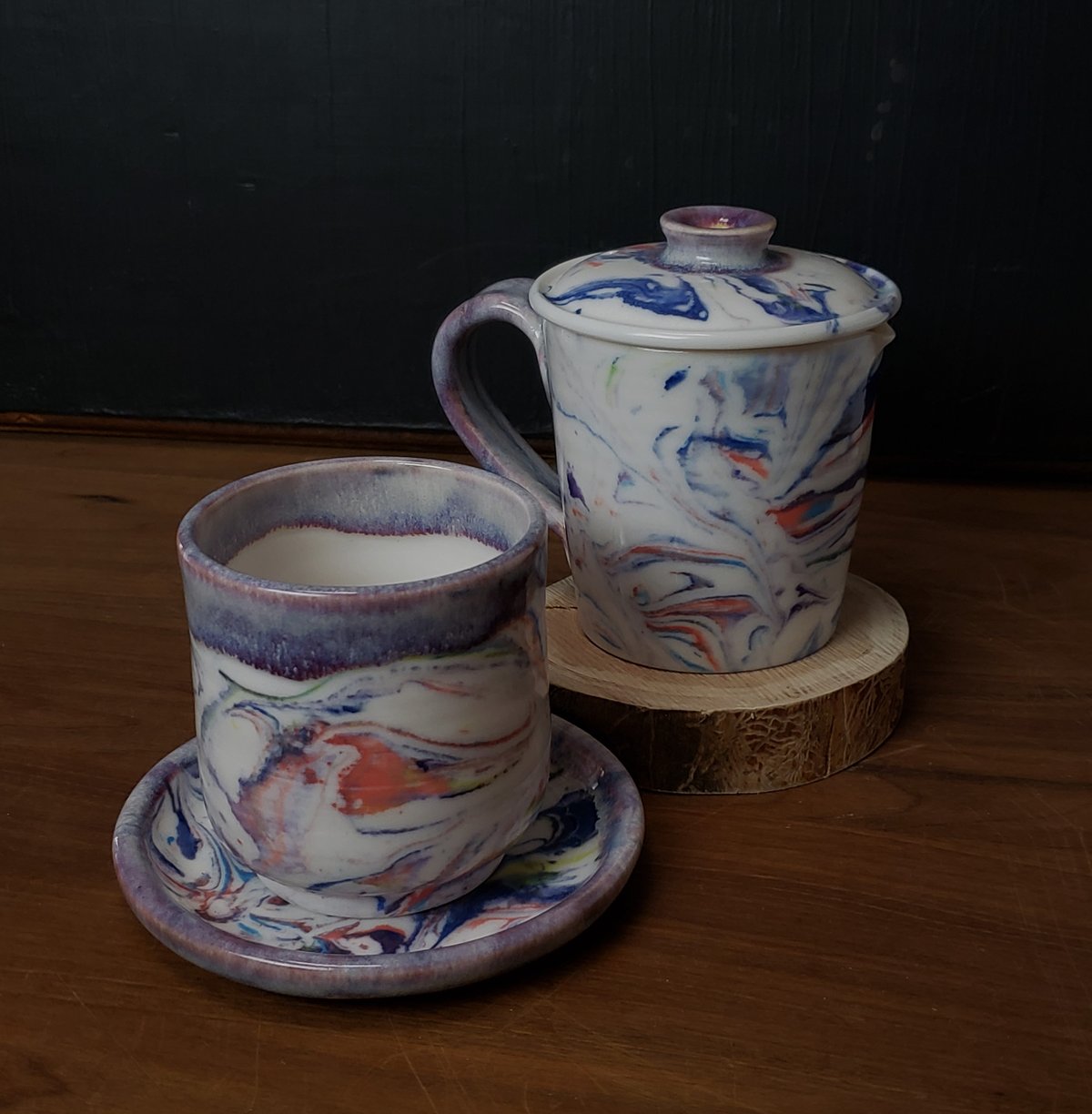 Image of 6 oz. (175ml) Marbled Tea Steeper with Cup and Saucer 04202506